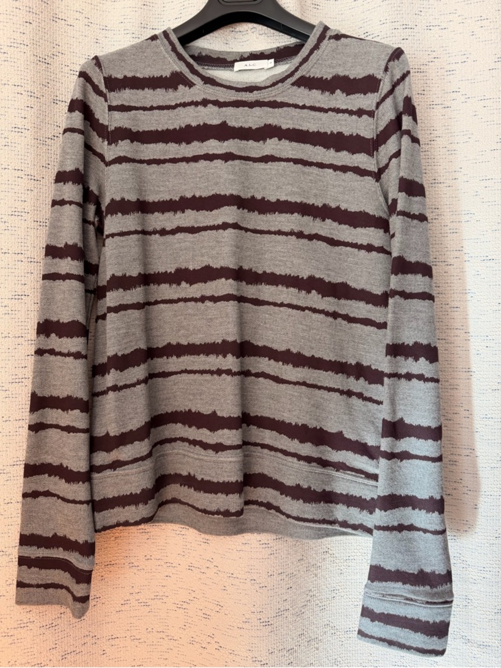 A.L.C. Striped Knit Crewneck Sweater in Gray and Brown